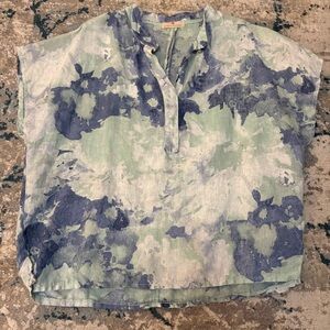 Lands Down Under Women’s Oversized Boxy Linen Tunic Blue Green White.